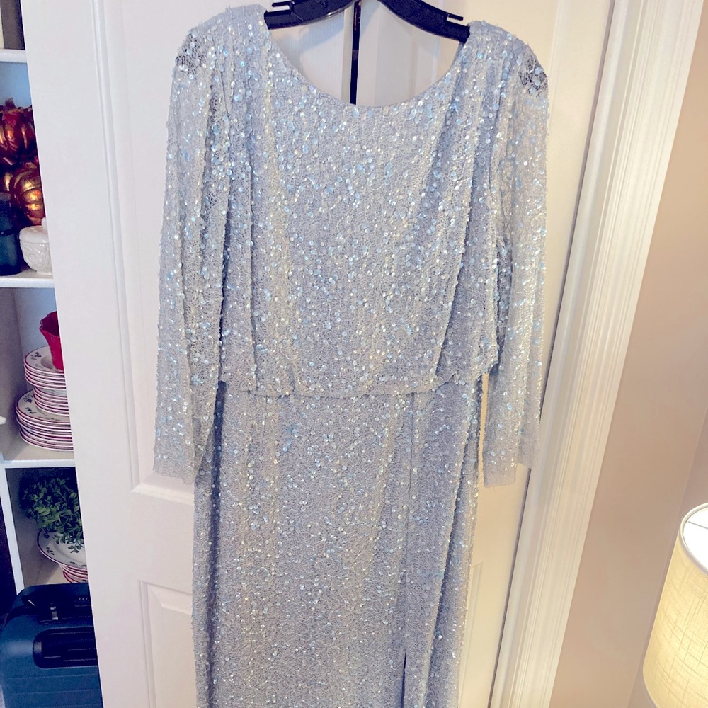 Beaded light blue/ silver gown with sheer sleeves, flattering gathered waist